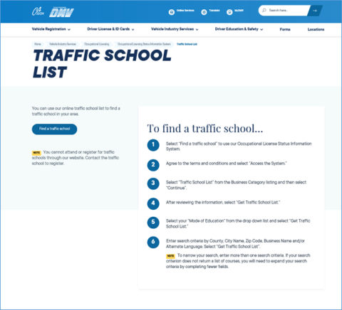 Screenshot of Find a Traffic School from DMV