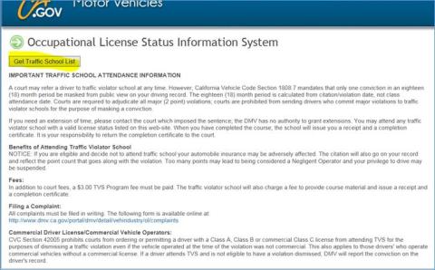 Screenshot of DMV traffic school information