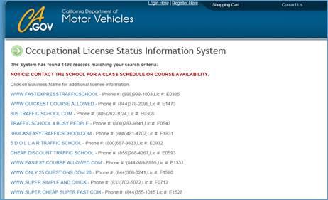 Screenshot of sample list of randomized driving schools from DMV site